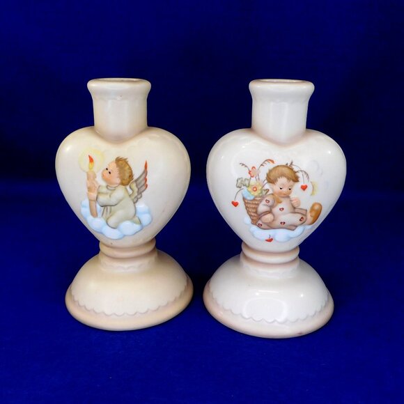 2 Hummel Goebel Angel Heart Shaped Ceramic Candle Holders / Candlesticks Vintage - Picture 3 of 9